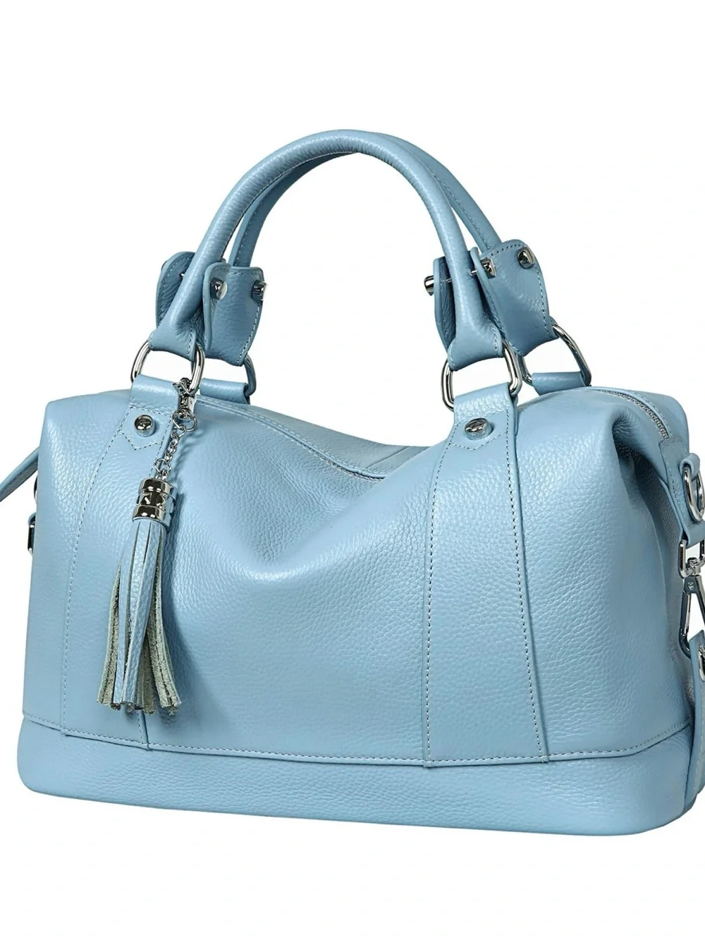 Light Blue Leather Satchel Handbag with Tassel